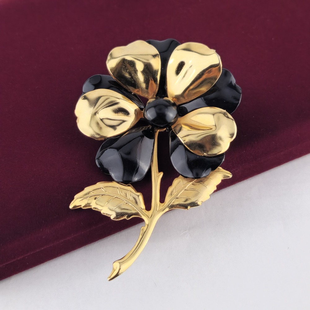 Vintage Black Enamel & Gold Tone Flower Brooch Large‎ 1960s Floral Pin